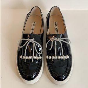 Karl lagerfeld patent Mocs with pearls.